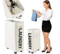 BAKAJI Panier à linge sale à linge Slim gain de place pliable en tissu, décoration écrite récipient avec fermeture à maille, poignée et 4 roues, taille 39 x 20 x 56 cm (Beige)