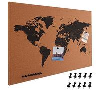 BAKAJI Panneau d'affichage avec carte du monde en liège - Carte géographique - Carte du monde - Cadre en bois - Dimensions : 60 x 40 cm - Design moderne - Avec 10 punaises - Idée cadeau