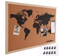 Bakaji Panneau de carte du monde en liège, carte géographique, carte du monde, cadre en bois, taille 60 x 40 cm, mural design moderne, avec 10 pointes, idée cadeau