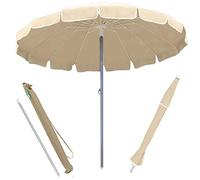 BAKAJI Parasol coupe-vent de plage jardin de 220 cm de diamètre avec poteau en aluminium 32 mm, structure à 16 lattes en fibre de verre et revêtement en tissu polyester 200 g anti-UV, beige, Grande