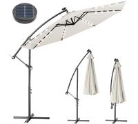BAKAJI Parasol de jardin terrasse avec lumière 32 LED et panneau solaire, dimensions 3 x 3 m, pliable, poteau latéral déentré, acier, base croix en tissu anti-UV, beige, Grande