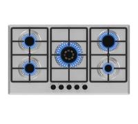 BAKAJI Plaque de cuisson en acier inoxydable et fonte avec 5 brûleurs et boutons à cavalier pour contrôle ergonomique, brûleur à gaz pour cuisine facile à nettoyer, grilles lavables et amovibles, 90 x