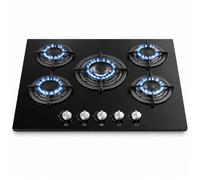 BAKAJI Plaque de cuisson en vitrocéramique de 70 cm pour alimentation au gaz et grille en fonte, 5 brûleurs, cuisinières en verre lavables pour cuisine, facile à nettoyer avec poignées de contrôle à