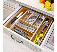 BAKAJI Plateau à Couverts Extensible pour Cuisine en Bois de Bambou avec 5 Compartiments Porte-Couverts + 2 Compartiments escamotables Couleur Bambou Naturel Gain de Place (46 x 30 x 5 cm)