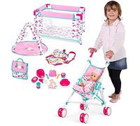 BAKAJI Playset Poupée et accessoires 15 en 1 avec berceau et landau, pliable, pour jouet, sac banane porte-poupée, sac à accessoires pour bébé et pot, revêtement en tissu
