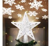 Bakaji Pointe en Forme d'étoile Lumineuse avec Jeu lumières Flocon de Neige à Reflets sur Plafond, Hauteur 26 cm, décoration Pointe Sapin de Noël, décorations de Noël avec Paillettes (Argent)