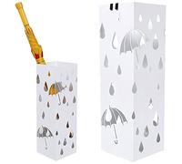 BAKAJI Porte-parapluies en fer design carré, blanc, bac anti-gouttes et crochets pour parapluies pliants, 49 x 15 x 15 cm
