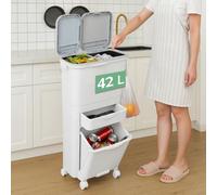 BAKAJI Poubelle de cuisine peu encombrante, capacité 42 litres, double poubelle pour séparation des ordures, poubelle différenciée, 1 tiroir à rabat et 1 coulissant, 42 x 27,5 x 81,5 cm