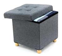 BAKAJI Pouf de Rangement avec revêtement en Lin, Assise rembourrée et Confortable, Structure et Pieds en Bois, Coffre Polyvalent, 38 x 38 x 38 cm, idéal pour Chambre à Coucher, entrée, Chambre (Gris)