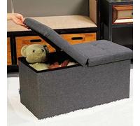 BAKAJI Pouf de rangement avec revêtement en lin, repose-pieds avec structure en bois, assise rembourrée et confortable, polyvalente, idéale pour chambre à coucher, entrée, design moderne (gris)