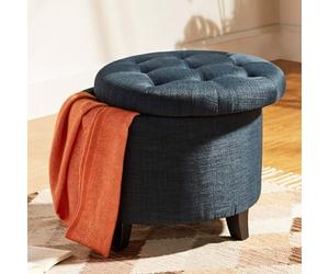 BAKAJI Pouf de Rangement en Bois avec Compartiment intérieur, Coffre de Rangement avec Assise rembourrée, Tabouret Rond 51 x 51 x 43 cm pour Salon, Chambre (Bleu Lin)