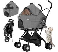BAKAJI Poussette pour animaux domestiques 2 en 1 charge maximale 40 kg pliable et peu encombrant, capsule amovible, poussette pour chiens et chats avec transport amovible et panier de rangement (gris)