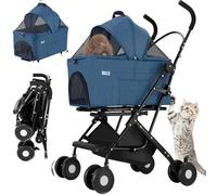 BAKAJI Poussette pour animaux domestiques 2 en 1 charge maximale 40 kg pliable et peu encombrant, capsule amovible, poussette pour chiens et chats avec transport amovible et panier de rangement (bleu)