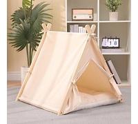 BAKAJI Rideau pour Animaux de Compagnie, Niche pour Chiens et Chats avec Cadre en Bois Durable et Couverture en Toile Respirante, Maison Confortable et Facile à Assembler, idéal pour l'intérieur et