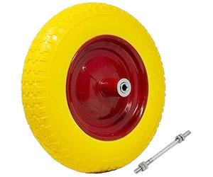 Bakaji Roue complète en polyuréthane jaune anticrevaison pour brouette de roulement sculpté, diamètre 35 cm, largeur 9 cm, 3,50 à 8 cm, jante en acier avec axe de 210 mm, avec roues de rechange pour
