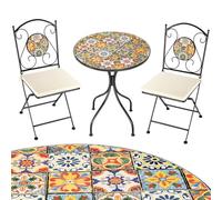 BAKAJI Set de table 60 x 70 cm + 2 chaises pliantes avec décoration mosaïque, table basse résistante peu encombrante pour ameublement extérieur, jardin, terrasse, structure en métal noir