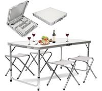 BAKAJI Set de table basse 120 x 70 cm pliable avec 4 tabourets de pique-nique pour camping, plage, structure tubulaire en aluminium, plateau en ABS, sièges en tissu, pliable, gain de place avec