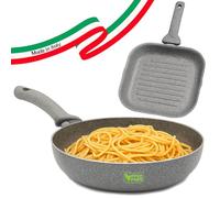 BAKAJI Set Poêle 32 cm et grill 24 x 24 cm revêtement antiadhésif effet pierre, sans PFOA, manche thermique cool tactile, idéal pour cuisinières à gaz, cuisson homogène, fabriqué en Italie