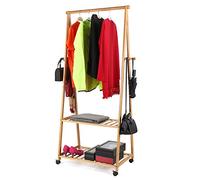 BAKAJI stand porte-manteau en bois de bambou pour chambre à coucher entrée avec roues pivotantes 2 étagères