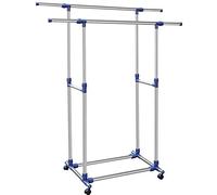 BAKAJI Support porte-manteau double réglable en acier, barres télescopiques, facile à monter avec 4 roues, étendoir d'exposition magasin, porte-manteau professionnel en acier