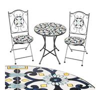BAKAJI Table basse 60 x 70 cm + 2 chaises pliantes Décoration mosaïque Structure métal noir résistante Ameublement extérieur Jardin Terrasse