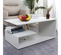 BAKAJI Table Basse Blanche Salon Caffe Porte PC Table Salon Latérale Canapé Double Tablette et Structure en Bois Design Moderne 41 x 91 x 52,6 cm Décor Maison Bureau