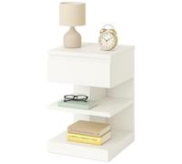 BAKAJI Table de chevet design moderne avec 1 tiroir et 2 étagères ouvertes de rangement, meuble fin robuste, couleur blanche, gain de place, idéal pour chambre à coucher, salon, dimensions du meuble