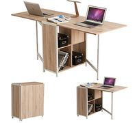 BAKAJI Table Multi-usages Pliable Pliable Extensible avec bibliothèque 4 Compartiments et étagères escamotables en Bois et Acier, Couleur Beige
