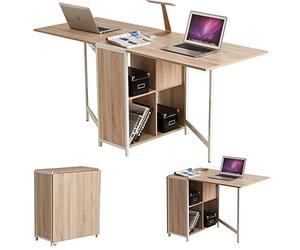 Bakaji Table Multi-usages Pliable Pliable Extensible avec bibliothèque 4 Compartiments et étagères escamotables en Bois et Acier, Couleur Beige