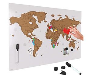 BAKAJI Tableau magnétique Carte du Monde à gratter Carte géographique du Monde Scratch Off Taille 60 x 40 cm Mural Design Moderne avec marqueur effaçable et aimants idée Cadeau