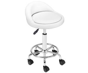 BAKAJI Tabouret avec Roues, Assise rembourrée et Dossier Bas en Simili Cuir, Base avec Repose-Pieds en Acier pivotant à 360°, Hauteur réglable, idéal pour esthéticienne, Bar, Cuisine, Restaurants,