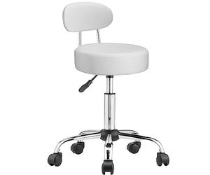 BAKAJI Tabouret avec roulettes et Dossier, Chaise de Travail pivotante avec Support Dos, Assise Rembourrage 10 cm Simili Cuir et Base Acier, Hauteur réglable, pour esthéticienne, Bureau, Travail
