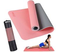 BAKAJI Tapis de yoga en TPE écologique, double couche, antidérapant, haute densité, tapis d'entraînement, fitness, aérobic, gymnastique, taille 180 x 61 cm avec étui (rose/gris)