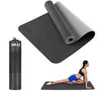 BAKAJI Tapis de yoga en TPE écologique, double couche, antidérapant, haute densité, tapis d'entraînement, fitness, aérobic, gymnastique, taille 180 x 61 cm avec étui (noir/gris)