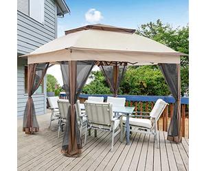 BAKAJI Tonnelle 3 x 3 mètres Pliable avec moustiquaires, Tissu Polyester, imperméable, Structure en métal, refermable à accordéon, Tente portative Juste marché Jardin extérieur + étui Beige