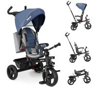 BAKAJI Tricycle Poussette 4 en 1 pour enfants, pédales ou poignée antidérapante ergonomique pour poussée, chaise rembourrée, ceintures de sécurité, tige directionnable, toit de parasol (bleu)