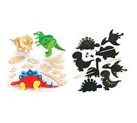Baker Ross Dinosaure en Bois 3D - Lot de 5, Loisirs Créatifs pour les Enfants (EK501) & Décorations aimantées à gratter Dinosaures (paquet de 10) pour les pochettes-surprises