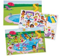 Baker Ross FN421 Scènes autocollantes pour fête à la piscine - Lot de 4, créez vos propres scènes autocollantes pour enfants, autocollants réutilisables