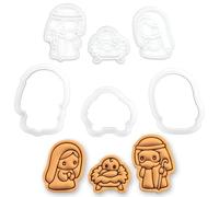 BAKERLOGY Crèche de Noël, lot de 3 mini emporte-pièces & tampons à biscuits | 3 mini motifs : Marie, Joseph et l'Enfant Jésus, chacun avec un emporte-pièce et un tampon pour sablés et pâte à sucre.