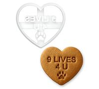 BAKERLOGY Emporte-pièce cœur message « 9 Lives 4 U » avec motif patte - Design pour amoureux des chats & fans de kitty, biscuits maison, fondant & décor, Saint-Valentin & occasions festives
