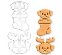 BAKERLOGY Lot de 2 Emporte-pièces Chiot de Noël - Chiot Renne & Chiot dans Chaussette pour Biscuits de Fête, Friandises Canines & Pâtisserie Festive