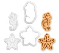 BAKERLOGY Lot de 2 mini emporte-pièces Hippocampe & étoile de mer & set tampons - Embosseurs fondant animaux marins pour fête sous la mer, thème sirène, mariage plage, baby shower, décoration cupcake