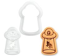 BAKERLOGY Mini Emporte-pièce et Tampon Vache Enlevée par UFO - Motifs de Vaisseau Spatial Alien, Embosseur Fondant pour Pâtisserie Sci-Fi, Décorations de Cupcakes Halloween