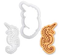 BAKERLOGY Mini emporte-pièce Hippocampe Licorne & set tampon - Créature marine fantastique, embosseur fondant pour fête sirène, pâtisserie thème sous la mer, anniversaire enfants, décoration cupcake