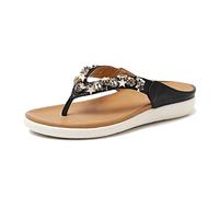 Bakermiche Tong Femme été, Chaussures de Plage et Piscine à Talons Plats Casual T-Strap Strass Bohême Tongs Elegant Cuir PU Confortables Femmes Chaussures pour Plage Vacances