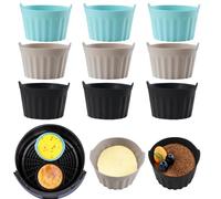 Baketron 9PCS Moule Silicone Air Fryer,Plat Pour Friteuse Sans Huile,Mafin Coupe Moule,Moule Pour Gâteau Au Four,Moule à Tarte Aux Oeufs，Air friteuse Accessoires, Silicone Bakeware，Noir + gris + bleu