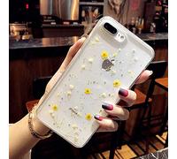 Bakicey Coque iPhone 7 Plus, Séchées Vraies Fleurs Housse Transparent Gel Silicone Case Créatif Pétales éternelle Bumper Anti-Rayures Cover Étui pour iPhone 8 Plus (iPhone 7/8, B Fleur Jaune)