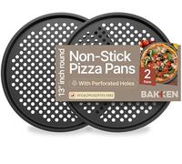 BAKKENMASTER Bakken Swiss Poêle à pizza anti-adhésive avec trous - 33 cm - Poêle à pizza perforée en acier au carbone - 2 plateaux à pizza ronds - Sans PFOA ni PFOS ni PTFE
