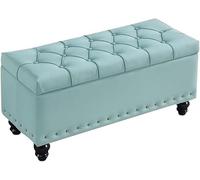 BAKULI Pouf Rectangulaire Rétro Banc Chaussures D'entrée avec Couvercle Relevable Sécurisé Pieds Bois for Une Utilisation Bout Couloir Grand Espace Rangement(Light Green,120cm)