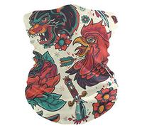 Balaclava Colorful Old School Tattoo Rooster Tiger Écharpe Multifonction Couvre-Chef Anti-UV Cache Cou pour Homme Femme Cyclisme Randonnée 25X50CM